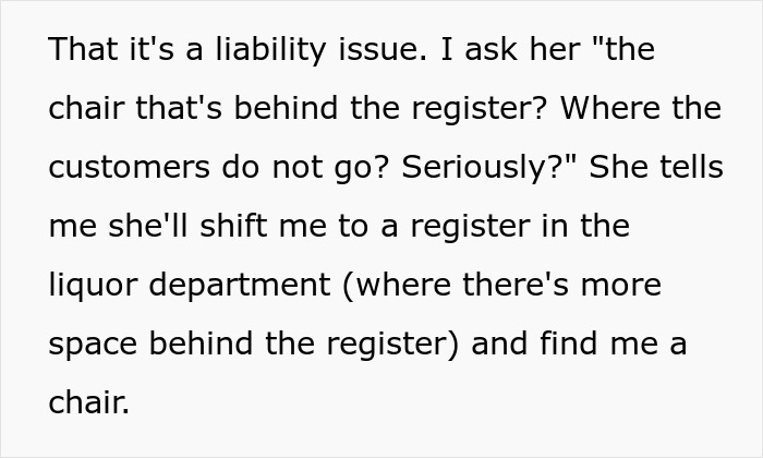Text excerpt showing a disabled employee requesting accommodation from an ableist manager who refuses to provide a chair. Text excerpt showing a disabled employee requesting accommodation from an ableist manager who refuses to provide a chair.