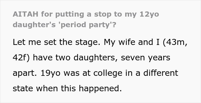 Text excerpt from a post about a mom planning a menstruation celebration for her 12-year-old daughter, sparking debate. - 2
