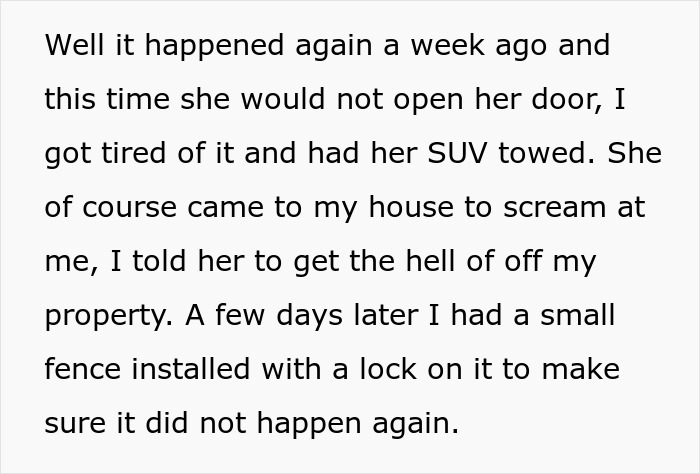 Text excerpt about a disabled woman blocking a neighbor&rsquo;s driveway leading to a tow and fence installation.