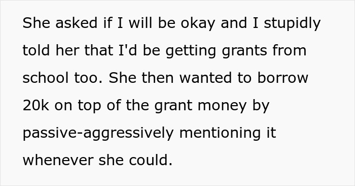 Text excerpt about borrowing money with mention of gaslighting and embezzling inheritance in a family dispute context.
