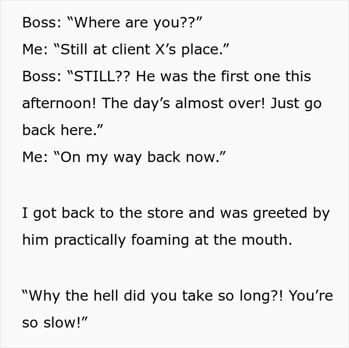 Text conversation showing a frustrated boss and an employee about messaging after every client visit. - 14