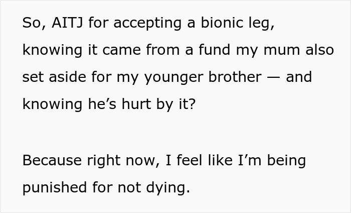 Text excerpt showing a girl survives cancer and accepts prosthetic leg while expressing feelings about brother's unfairness.