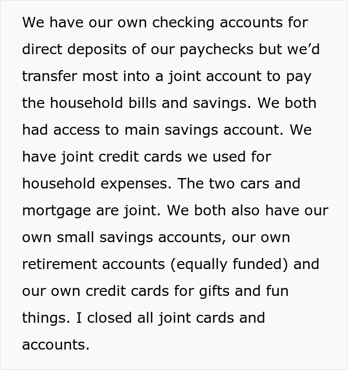 Text describing a woman&rsquo;s financial independence and joint accounts before leaving to find herself on a dream trip alone.