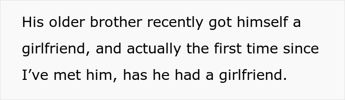 Text excerpt about a 24-year-old man demanding his brother dump his longtime girlfriend due to insecurity with his new girlfriend.