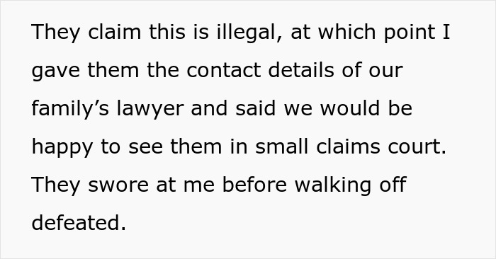 Text excerpt showing a conversation about legality and threats of small claims court involving a tour company dispute. - 18