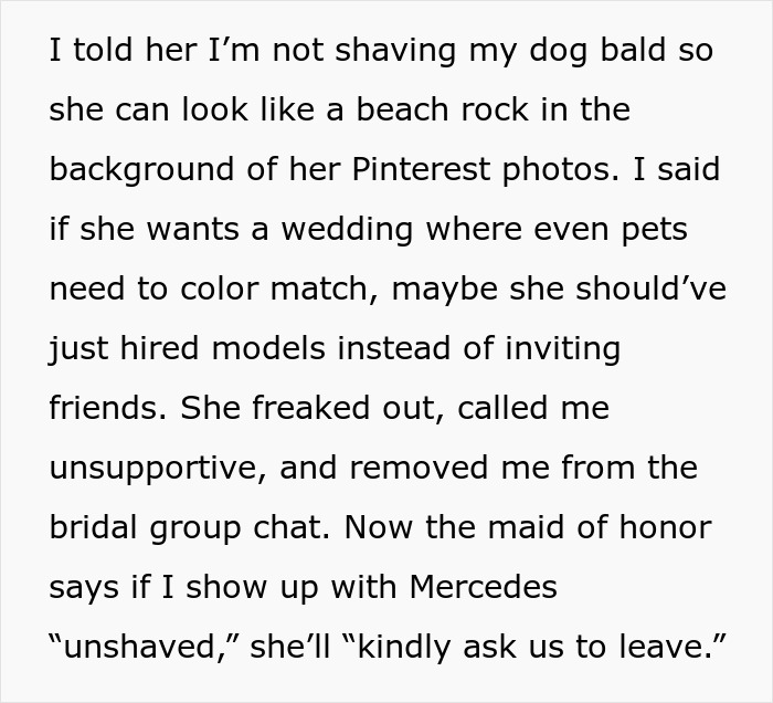 Woman shocked after bending over backward for bride’s wishes and being told to shave her dog for the wedding. - 11