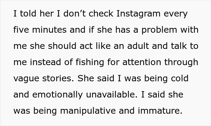 Text excerpt about a man failing girlfriend’s weird social media story test and ending the relationship. - 7