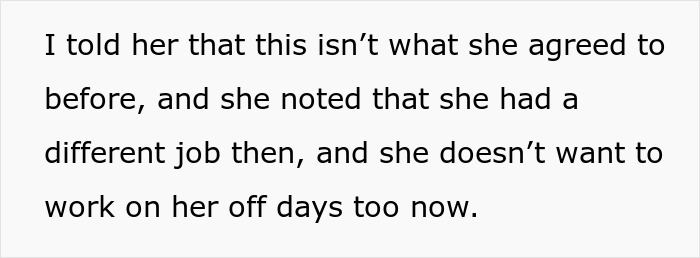 Text excerpt showing a conversation about a nanny refusing to babysit for free on her off days.