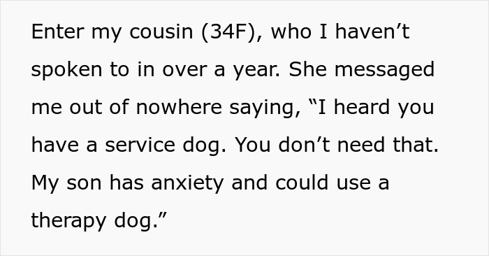 Screenshot of a message about a service dog and a cousin wanting a therapy dog for her anxious son.