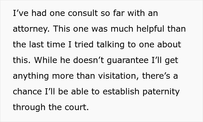Text about consulting an attorney on visitation rights and paternity in a bio dad refuse babysit family drama situation.