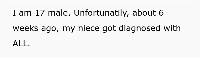 Text on screen describing a 17-year-old male discussing family upset over not shaving his head to support a 7-year-old with cancer.