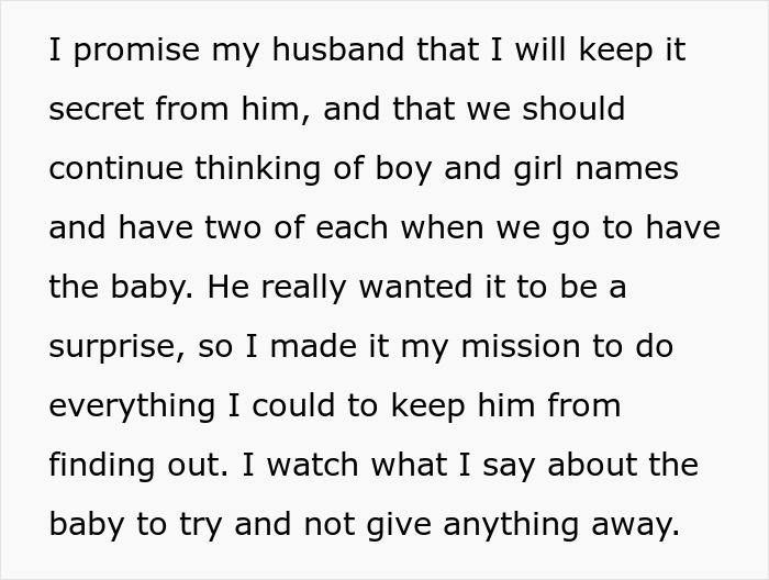 Wife promises to keep baby gender a secret to avoid husband&rsquo;s fit over possibly spoiled gender surprise.