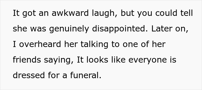 Quote about bride feeling disappointed when guests wore neutrals instead of color, causing awkwardness at event.