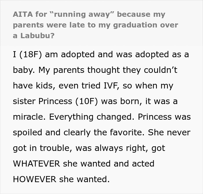 Excerpt from a post about an adopted daughter feeling parents play favorites and her moving out after graduation.