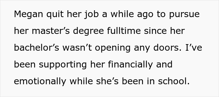 Text excerpt about Megan quitting her job to pursue a master's degree full-time with financial support during school. - 3