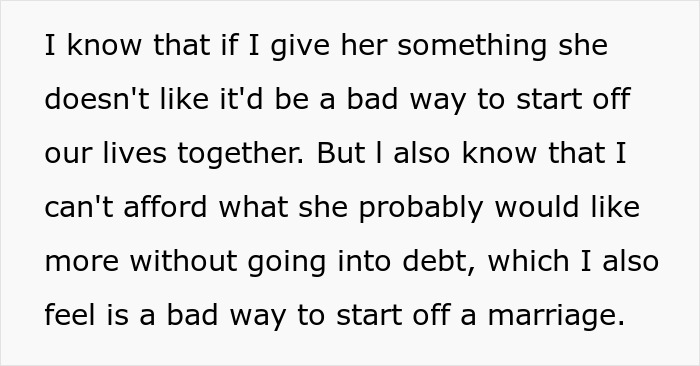 Man sharing concerns about proposing with an affordable ring, worried about starting marriage with debt, sisters say GF propose ring small. Man sharing concerns about proposing with an affordable ring, worried about starting marriage with debt, sisters say GF propose ring small.