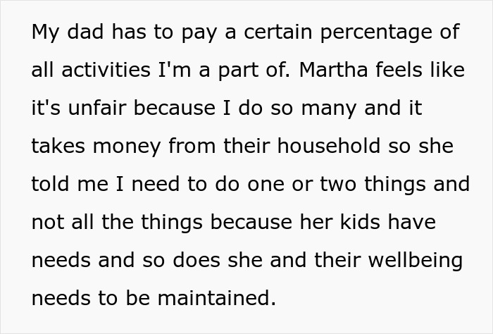 Text discussing dad being told it’s his fault kids reject him and challenges with stepmom and family financial contributions. - 8