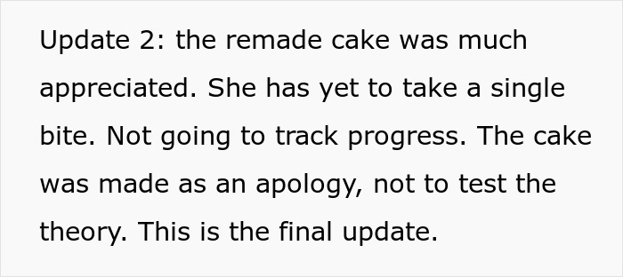 Update text about wife&rsquo;s birthday cake and apology after husband ate her week-old treat.