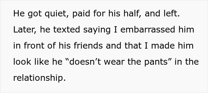 Text excerpt about boyfriend getting mad after she refuses to pay in front of friends, highlighting relationship conflict. - 7