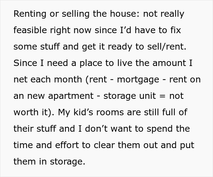 Text excerpt discussing challenges of renting or selling a house while planning a dream trip alone to find herself.
