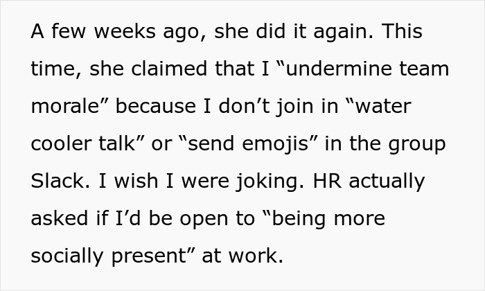 Text about coworker claiming a woman undermines team morale by not sending GIFs in Slack, HR scheduling meeting. - 10