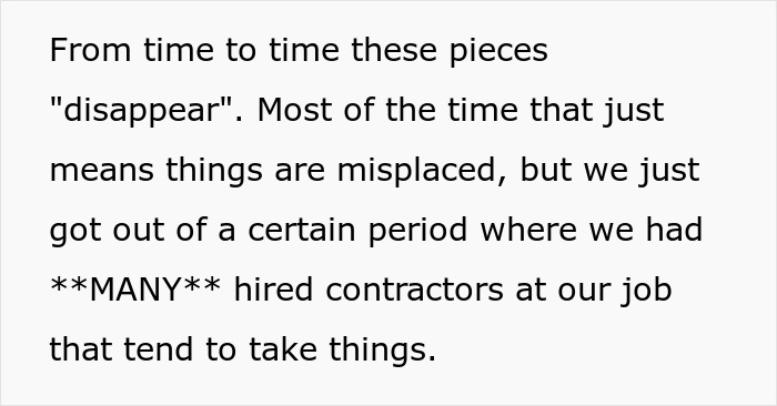 Text excerpt about soldier tracking missing equipment and contractors possibly taking items from job site.