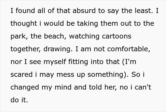 Text discussing feelings about babysitting nephews, mentioning activities like park visits, beach, cartoons, and drawing, and expressing discomfort. Text discussing feelings about babysitting nephews, mentioning activities like park visits, beach, cartoons, and drawing, and expressing discomfort.