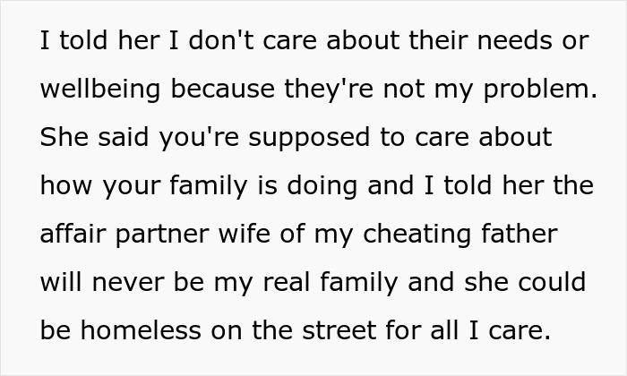 Text on image about a dad refusing to accept his cheating father's partner as family despite concerns for wellbeing. - 10