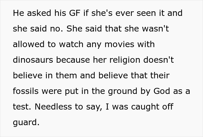 Text excerpt discussing a woman who doesn't believe in dinosaurs and reacts to Jurassic Park being watched.