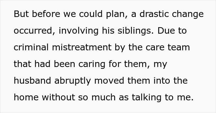 Text excerpt describing husband&rsquo;s sudden decision to move in disabled siblings, causing marital tension.