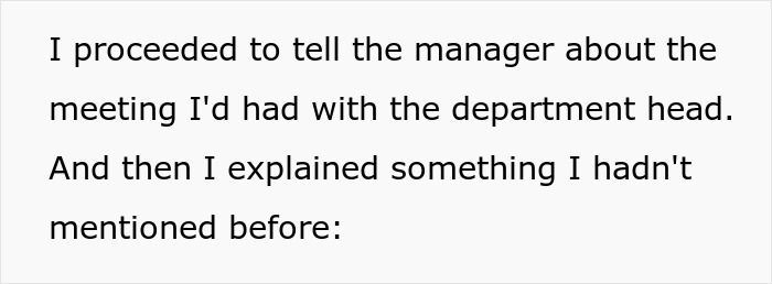 Text excerpt showing a conversation where an employee tells the manager about a meeting and explains new information. Text excerpt showing a conversation where an employee tells the manager about a meeting and explains new information.
