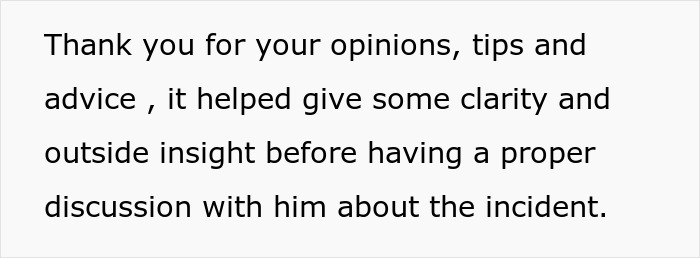 Text on a white background expressing gratitude for opinions and advice that helped gain clarity before discussing an incident.