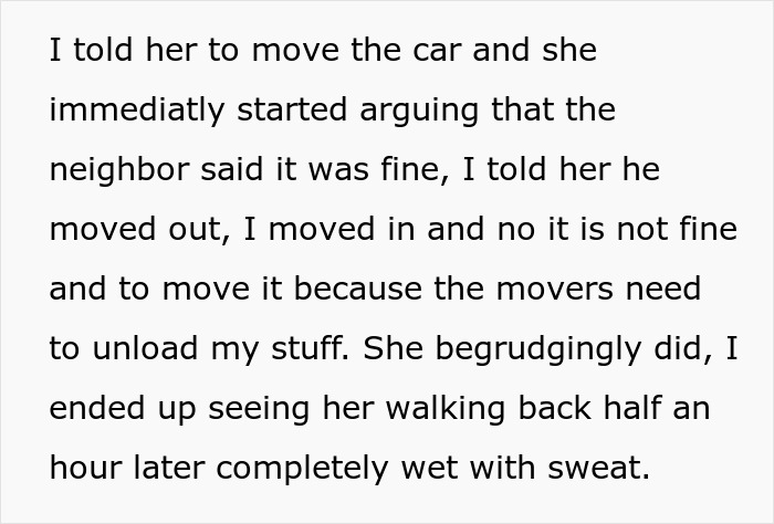 Text describing a dispute where a disabled woman wrongly believes she owns neighbor&rsquo;s driveway and refuses to move her car.
