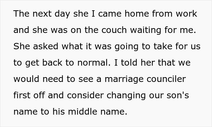 Text on a white background about discussing marriage counseling and considering changing their son's name after a shocking realization. - 49