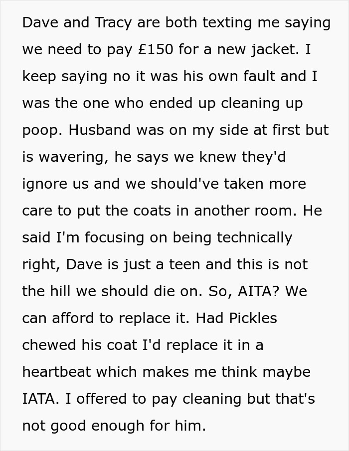 Text message discussing refusal to replace nephew&rsquo;s jacket damaged by dog accident after ignored warnings and cleaning up mess.