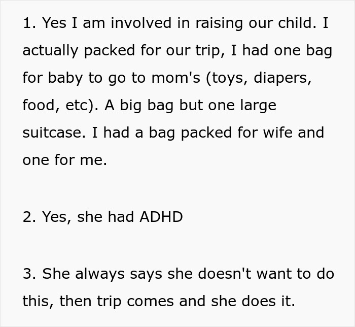 Text about wife’s weird quirk making traveling difficult leading to divorce, mentioning ADHD and trip packing challenges. - 13