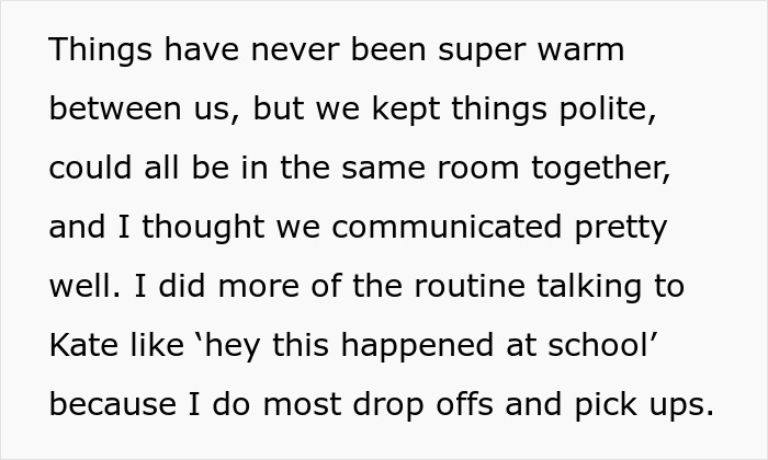 Text excerpt showing co-parents managing communication and routine talks amid misunderstanding and CPS involvement.