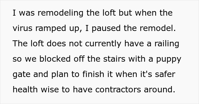 Text excerpt about remodeling a loft without railing and blocking stairs with a gate amid health concerns and CPS visit discussion. - 5