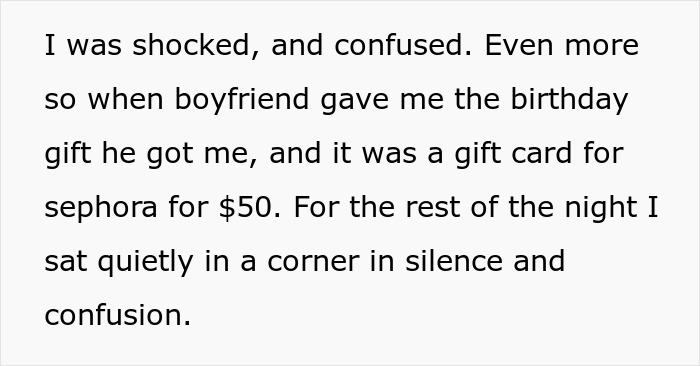 Alt text: Text describing a shocked reaction to a boyfriend’s confusing birthday gift involving a Sephora gift card. - 8