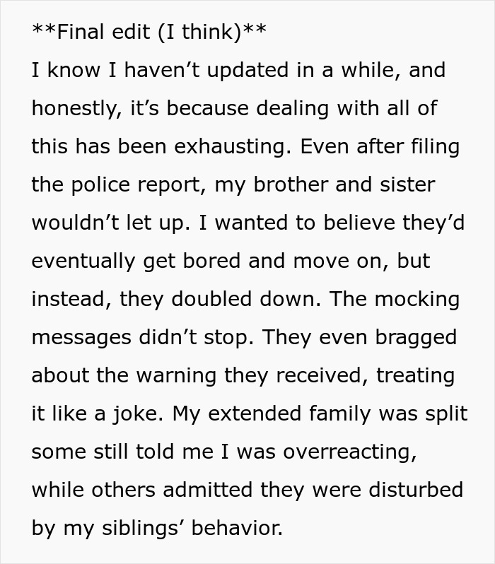 Text excerpt discussing family stages fake legal notice prank causing a woman to cut contact due to siblings' ongoing harassment. Text excerpt discussing family stages fake legal notice prank causing a woman to cut contact due to siblings' ongoing harassment.