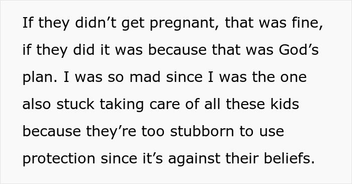 Text excerpt about being tired of babysitting nine siblings due to parents' demands and beliefs against protection. - 8