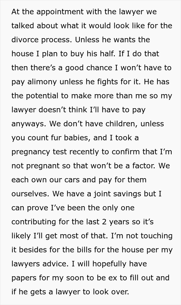 Text about divorce process, alimony, and financial arrangements shared by a wife during her meeting with a lawyer. - 72