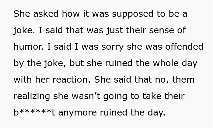 Text excerpt from a story about a woman offended by her boyfriend’s family making a scar joke at a family gathering. Text excerpt from a story about a woman offended by her boyfriend’s family making a scar joke at a family gathering.