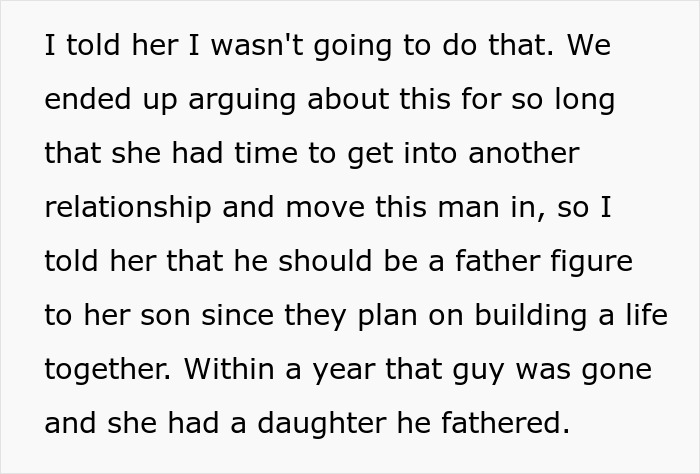 Text about a woman in a new relationship asking her partner to also care for her children with other men.
