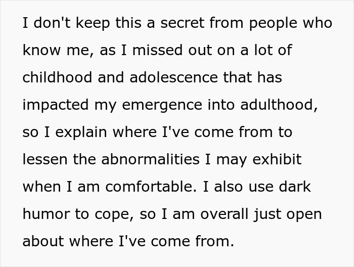 Text excerpt about a woman discussing her traumatic childhood and coping through dark humor and openness. - 53