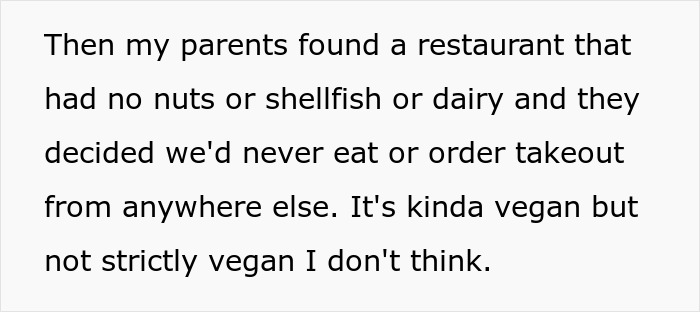 Text excerpt about parents limiting food options due to stepkids&rsquo; allergies, leading to boring meals for a teen.