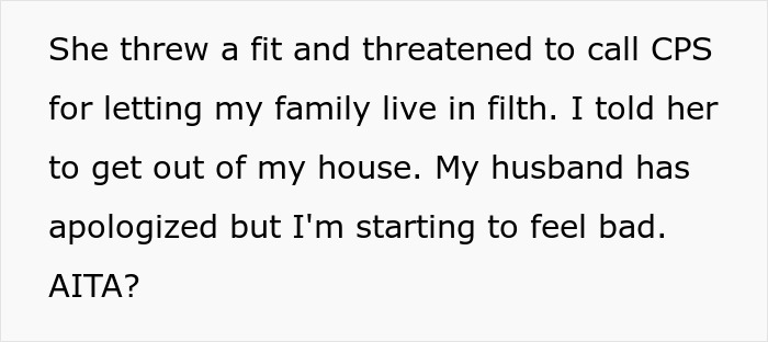 Alt text: Text discussing a mother who lets family live in filth as a tough lesson, causing conflict and apologies.