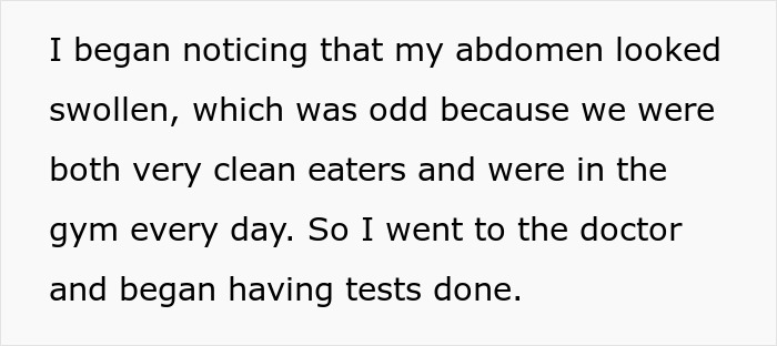 Text excerpt describing swelling abdomen leading to doctor visits and tests during fiancee leaving cancer diagnosis partner. - 9