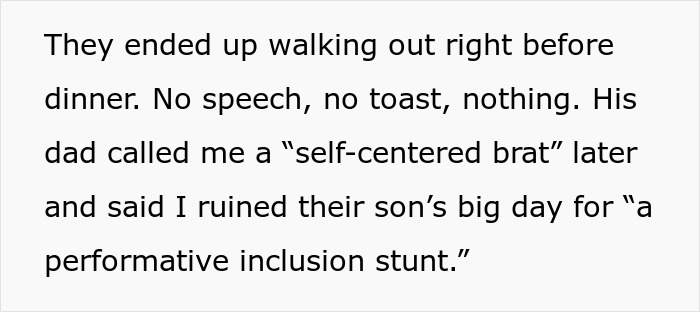 Text excerpt showing conflict where bride called self-centered brat by groom's parents for defending autistic nephew. Text excerpt showing conflict where bride called self-centered brat by groom's parents for defending autistic nephew.