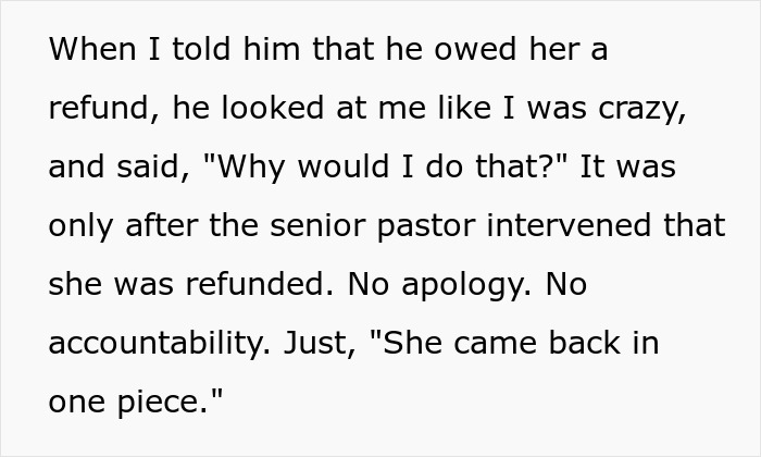 Text excerpt discussing a refund issue involving a daughter at church camp in Houston with no apology or accountability.